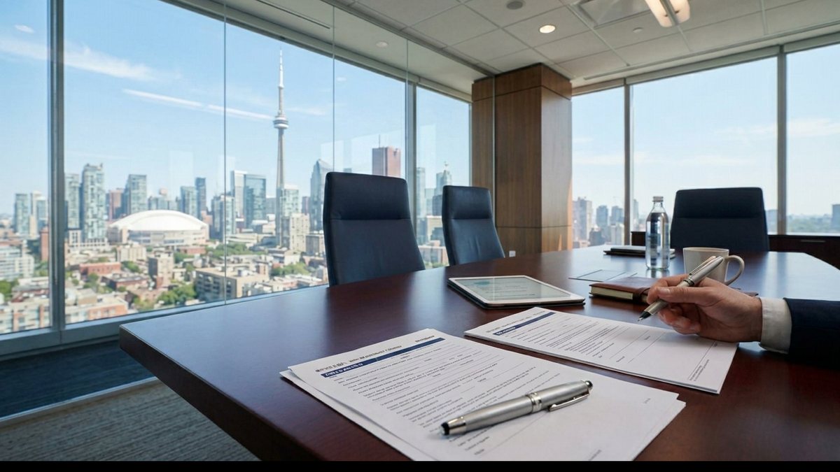 A boardroom table with incorporation documents and a pen, overlooking the Toronto skyline and CN Tower