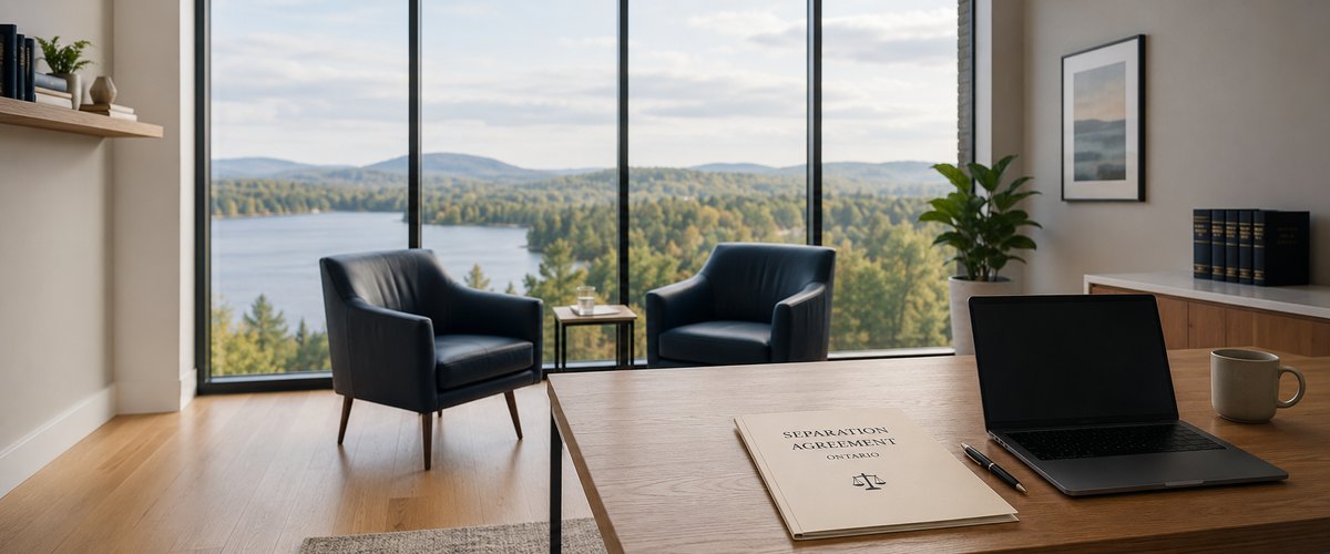 A separation agreement on a desk in a quiet office overlooking a lake and forest