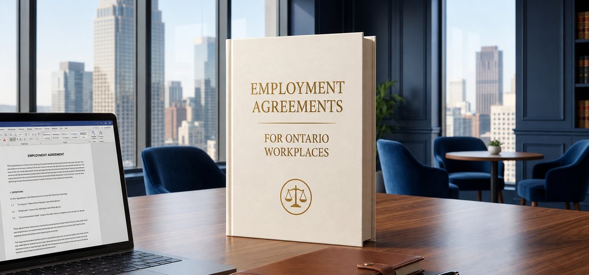 A bound volume titled Employment Agreements for Ontario Workplaces on a boardroom table beside a laptop showing a draft agreement