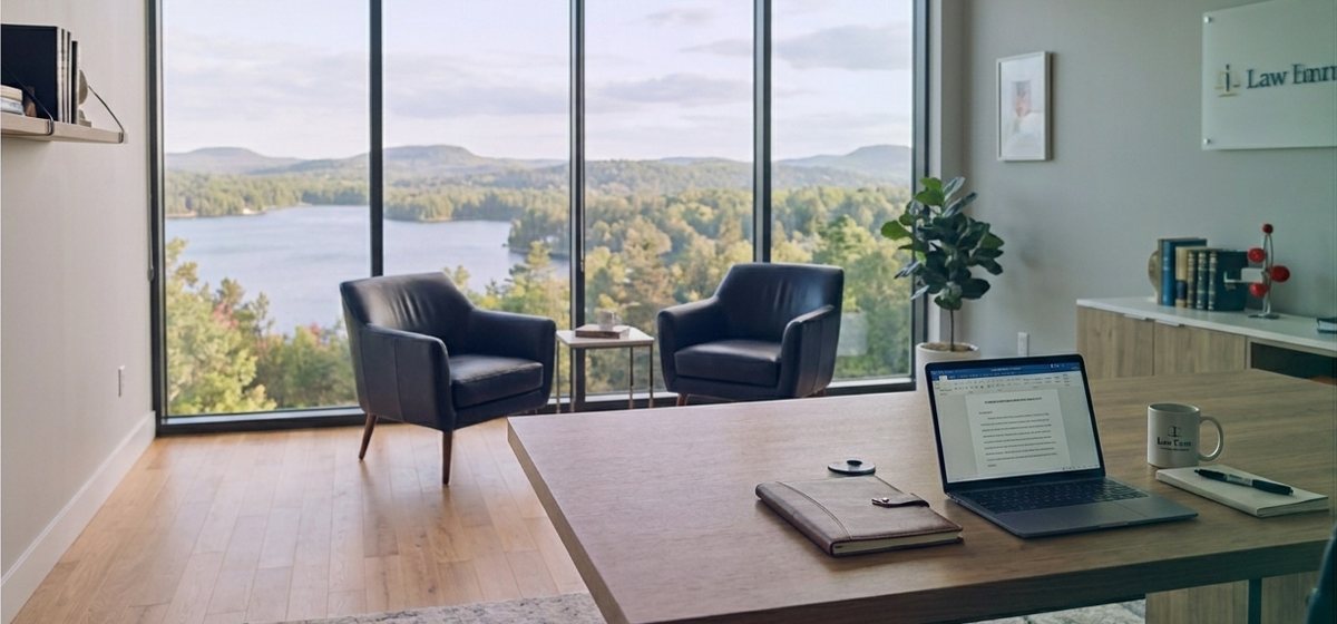 A calm meeting room with two armchairs and a desk, looking out over a lake and forest