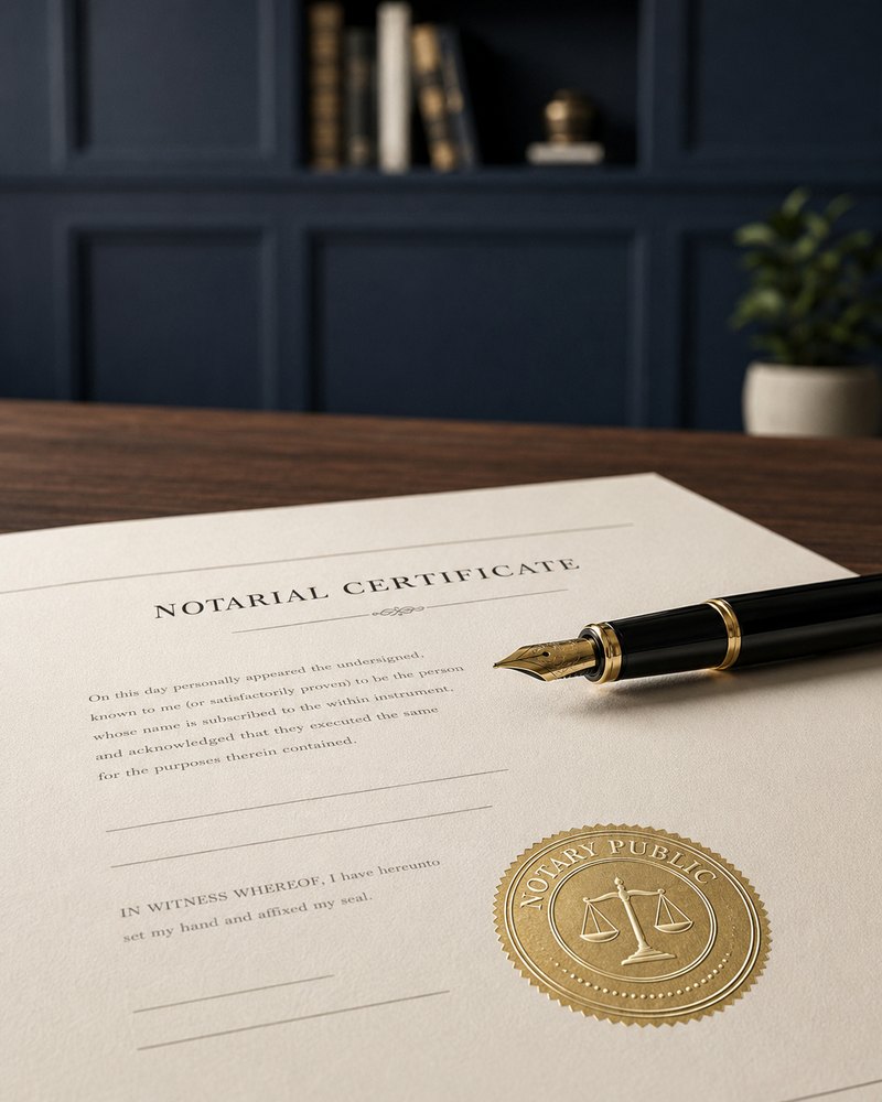 A notarial certificate bearing an embossed gold Notary Public seal, with a fountain pen resting alongside it